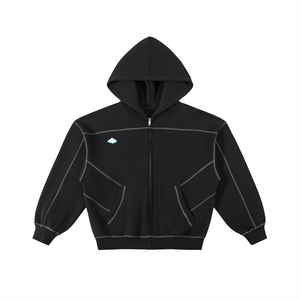 Contrast-Stitched Boxy Fleece Zip Hoodie